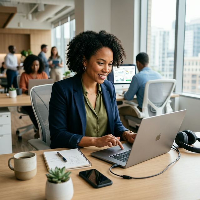 Marketing professional launching broadcast campaign on laptop