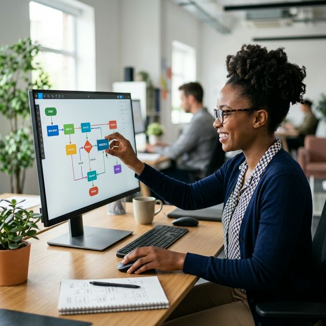 Person building chatbot workflow in visual drag-and-drop editor