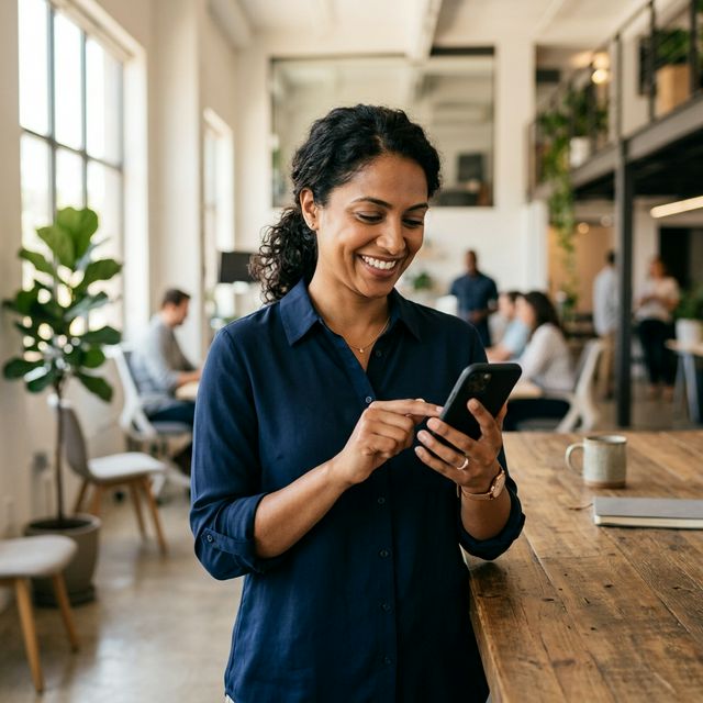 Business professional using messaging platform on smartphone in modern office