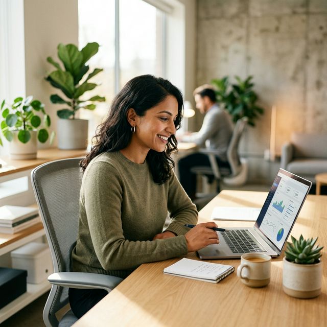 Professional reviewing analytics on laptop in modern office